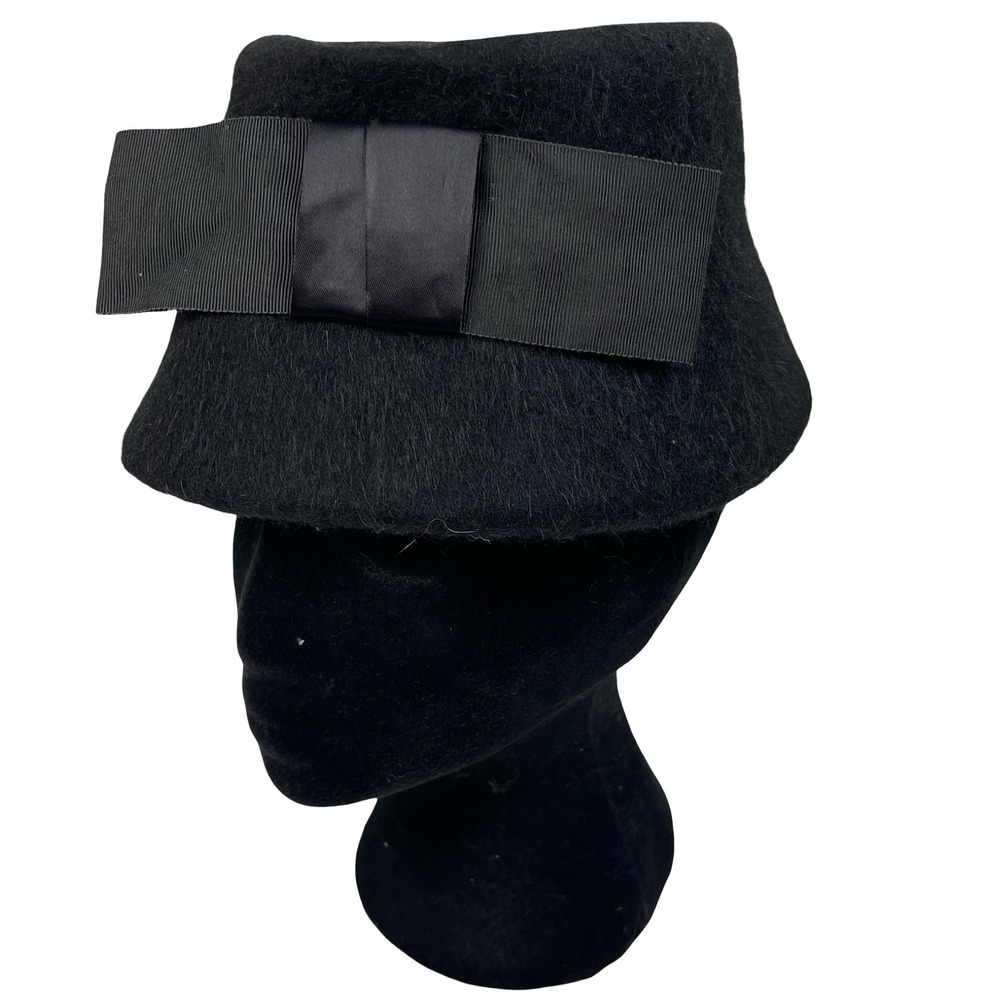 Vintage Henry Pollak Hat Women Black Fur Felt Bow Pillbox Bucket 50s 60s Retro